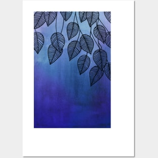 Midnight Blue Garden - watercolor & ink leaves Posters and Art